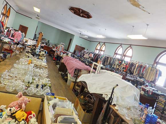 Climb Zion’s future yoga studio currently houses the church’s monthly rummage sale